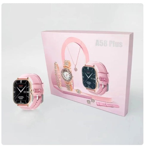 A58 Plus 5-in-1 Couple Smart Watch Gift Set – Bluetooth Calling, 2.01" HD Display, IP67 Waterproof