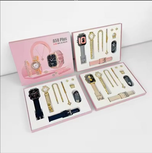A58 Plus 5-in-1 Couple Smart Watch Gift Set – Bluetooth Calling, 2.01" HD Display, IP67 Waterproof