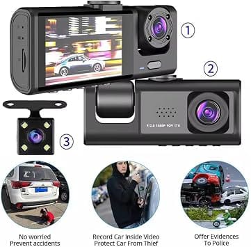 3 Channel 1080P HD Dash Cam Front, Rear & Inside with 64GB Memory Card