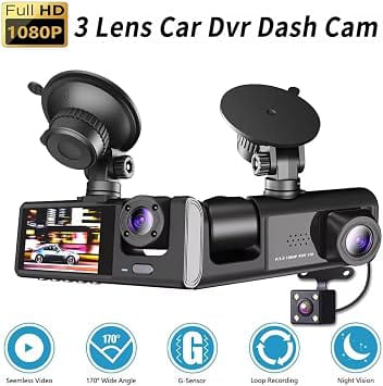 3 Channel 1080P HD Dash Cam Front, Rear & Inside with 64GB Memory Card